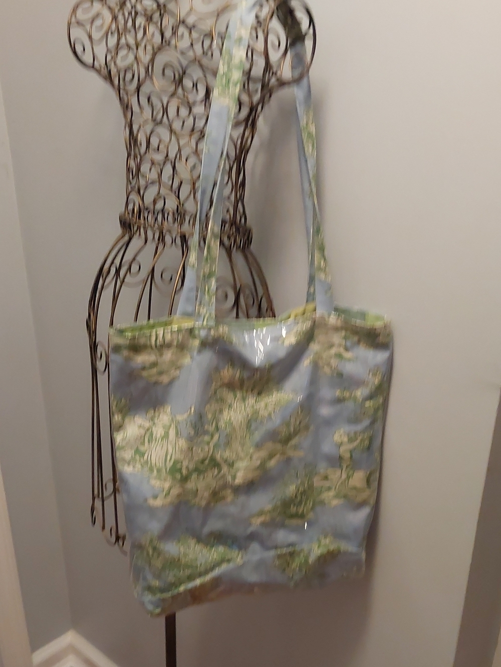 Light Blue and Green Printed Tote Bag